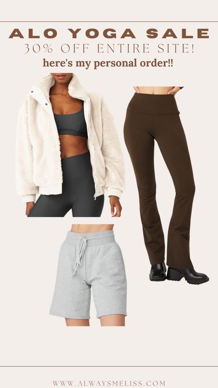 Alo yoga is 30% off with some items up to 70% off site wide!! I ordered the flare bootcut leggings in brown (I have black and wear them at least once a week!!), Sherpa zip jacket and cozy shorts. I have the shorts I. Black and wear them a ton!! All on sale and did XS in everything 

#LTKsalealert #LTKfit #LTKCyberweek