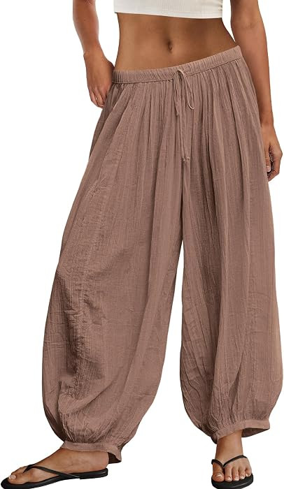 ReachMe Womens Balloon Harem Pants Sheer Summer Elastic Waist Baggy Pants Beach Vacation Outfits | Amazon (US)