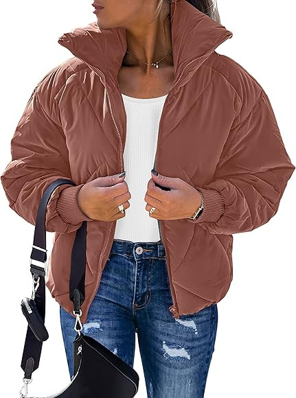 MEROKEETY Women's Long Sleeve Zipper Puffer Jacket Winter Quilted Short Down Coat with Pockets | Amazon (US)