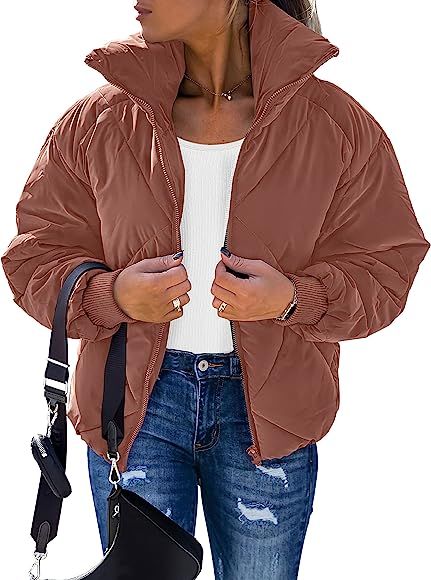 MEROKEETY Women's Long Sleeve Zipper Puffer Jacket Winter Quilted Short Down Coat with Pockets | Amazon (US)