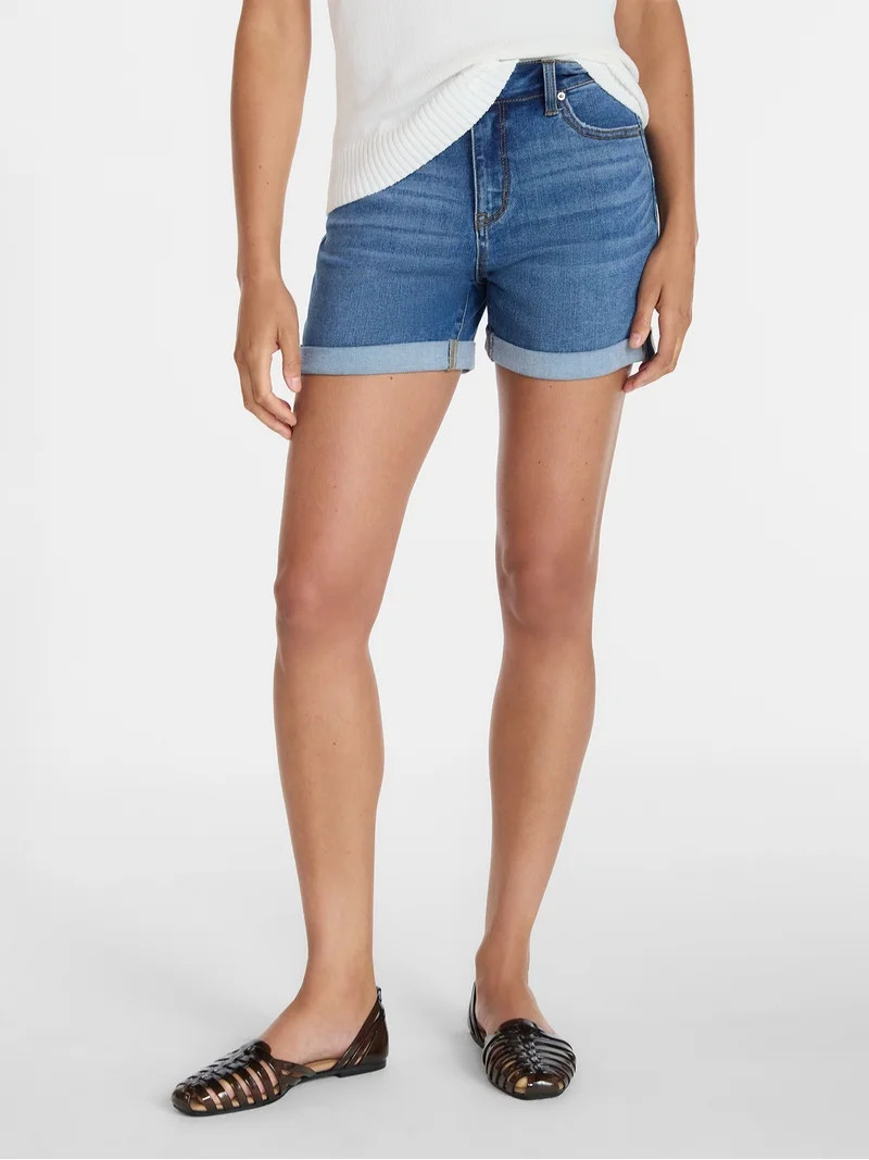 Time and Tru Women's Mid Rise Roll Cuff Denim Shorts, 4" Inseam, Sizes 0-20 | Walmart (US)