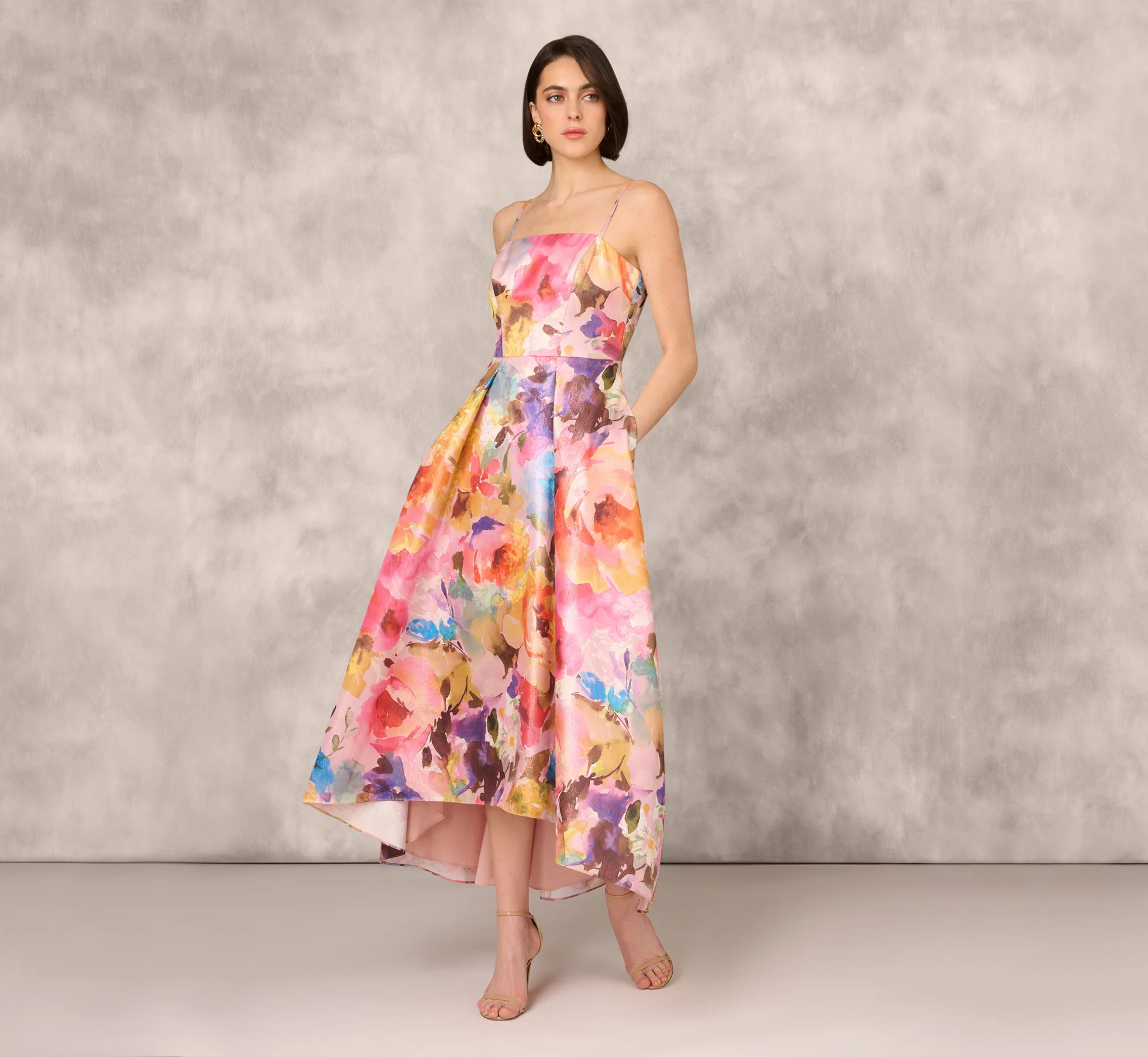 Multicolor Metallic Floral Print Jacquard High Low Gown With Pockets In Pink Multi | Adrianna Papell