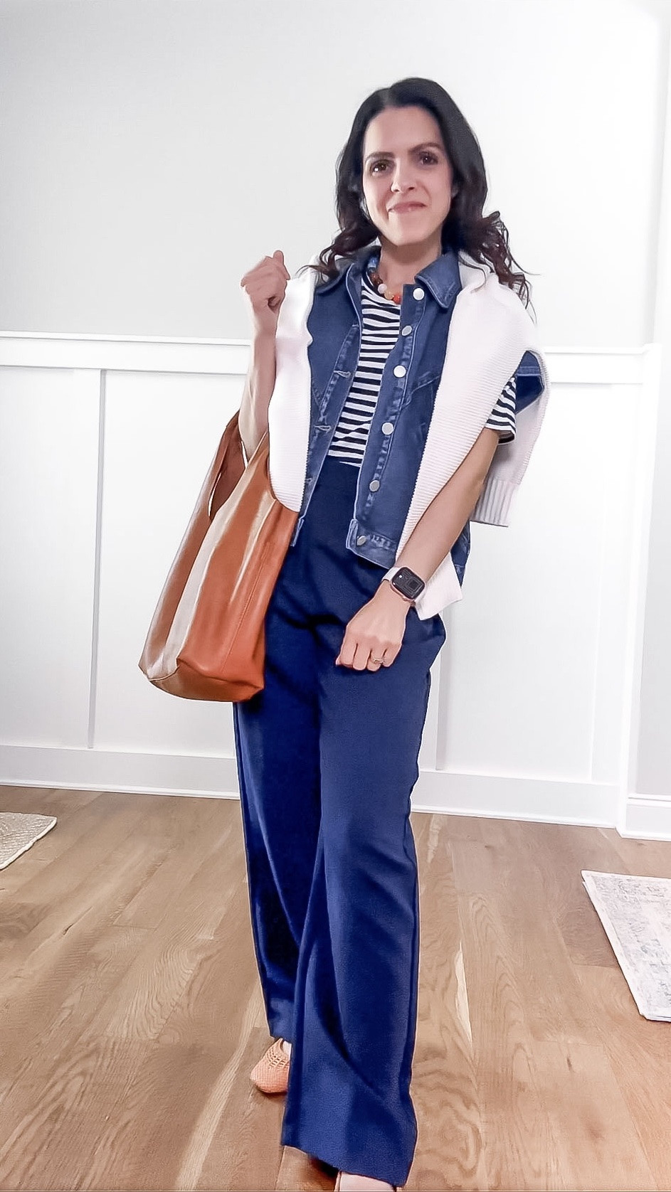 Daily look 5.13 // easy outfit formula!: striped tee + trousers 

denim vest: linked similar | striped tee: old @jcrew, linked similar | trousers: @abercrombie, 25 short | sweater: Everlane XS | flats & bag: linked similar | necklace: Evereve

#LTKootd #LTKgrwm