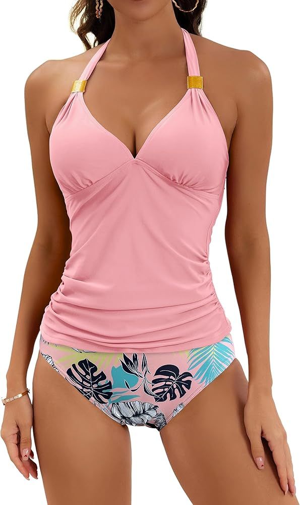 B2prity Halter Tankini Swimsuit for Women Tummy Control Two Piece Bathing Suit V Neck Swimwear wi... | Amazon (US)