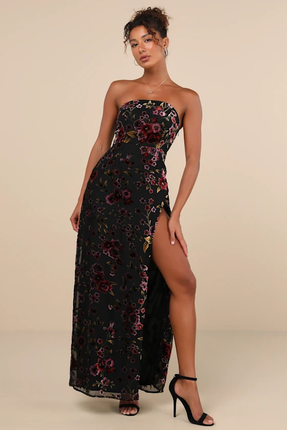 Alluring Figure Black Floral Velvet Burnout Strapless Maxi Dress | Lulus