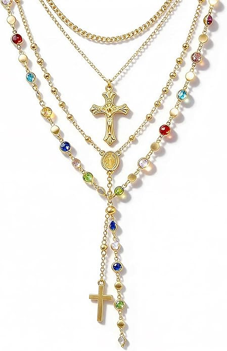 4PCS Layered Gold Cross Necklaces for Women Trendy, Bohemian Bead Pearl Y Long Pendant Necklace S... | Amazon (US)