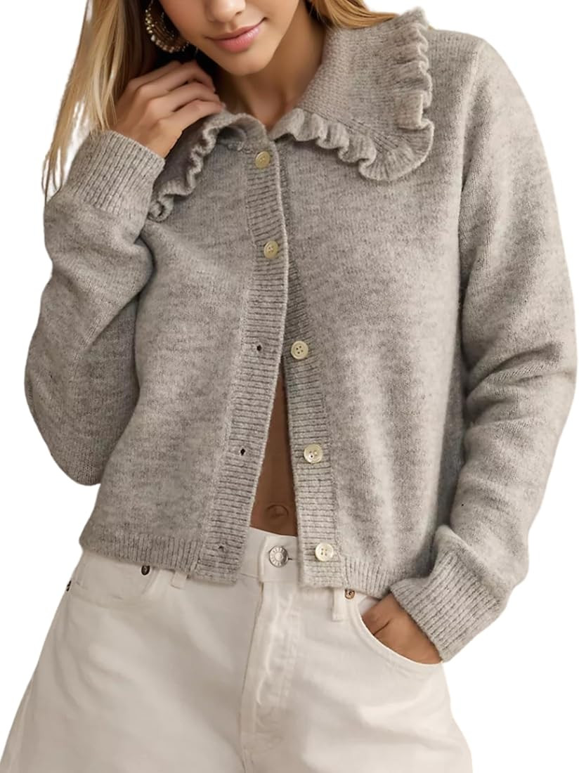 InterNos Womens Y2k Ruffled Collar Cardigan Sweaters Classic Button Down Long Sleeves Fall Sweate... | Amazon (US)