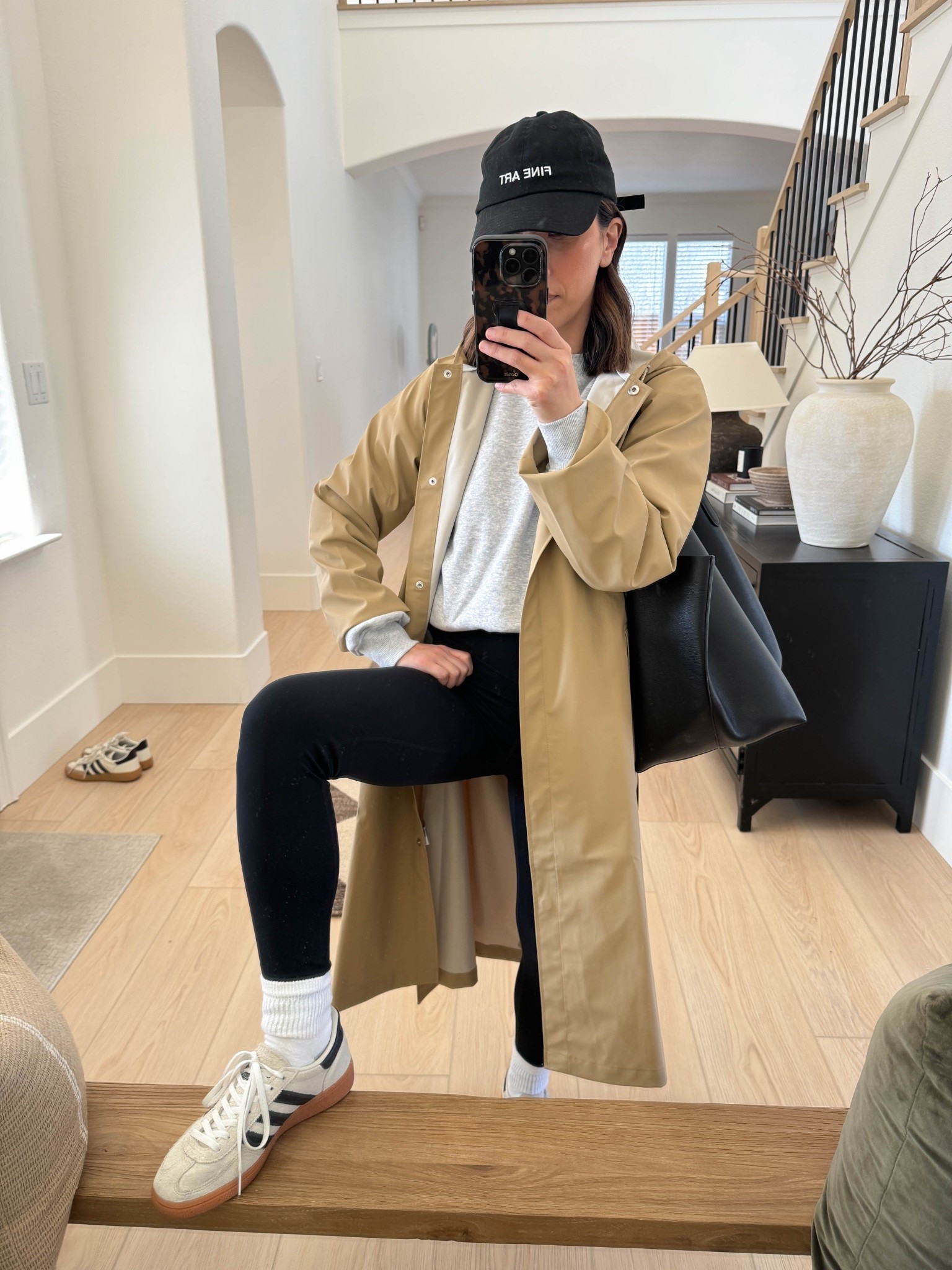 Legging outfits. How to elevate leggings. 

Rains trench xs
Cotton On sweatshirt xs. Runs oversized. 
Zella leggings xs
Hanes socks
Adidas Spezial 4.5 men’s. Run a half size big
Mansur Gavriel tote 

Petite style, mom outfits, leggings 