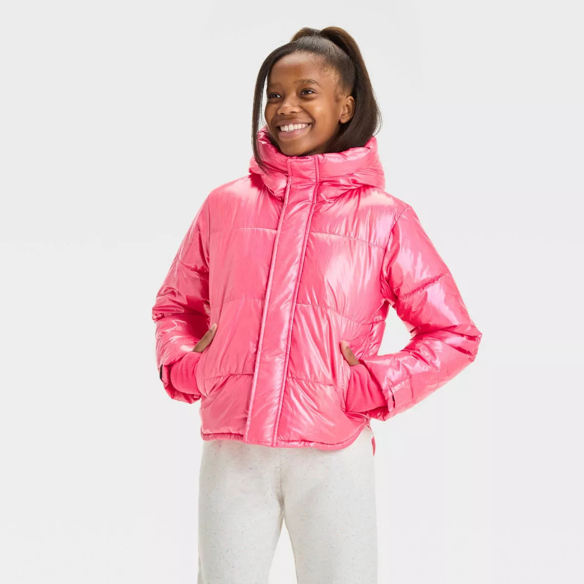 Girls' Solid Puffer Jacket - All In Motion™ Pink XS | Target