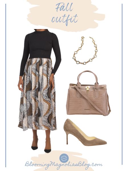 Fall outfit idea. Save $50 on these shoes with code SARAHFLINT-BABLOOMINGMAGNOLIAS (first time customers only). 

• chain necklace • sweater dress with pleated skirt • suede heels • suede shoes • leather bag • croc embossed bag 

#LTKshoecrush #LTKstyletip #LTKsalealert