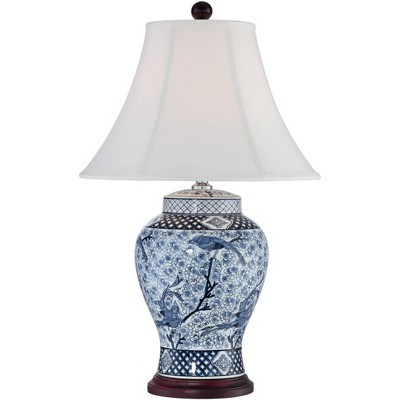 Barnes and Ivy Traditional Table Lamp Porcelain Blue and White Bird and Branch Jar White Bell Sha... | Target