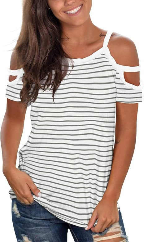 Summer Cold Shoulder Tops for Women Short Sleeve Crew Neck T Shirts | Amazon (US)