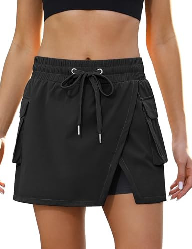 luvamia Tennis Skorts for Woman High Waisted Athletic Cargo Pull On Elastic Waist Stretchy Wrap Golf Skirts with Shorts Black Skort for Women Black X-Large Fits Size 16 Size 18 | Amazon (US)
