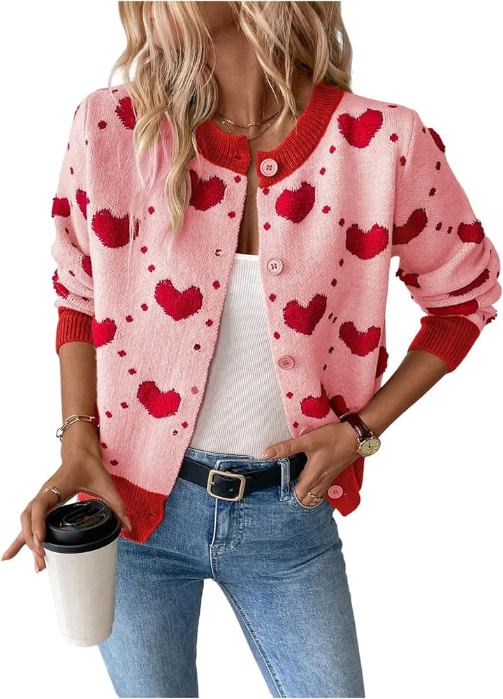 WDIRARA Women's Heart Print Button Down Sweater Long Sleeve Cardigan Color Block Knitted Outerwea... | Amazon (US)