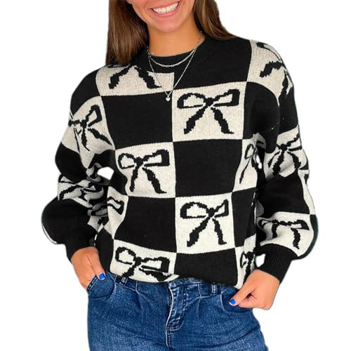 Women Y2k Bow Sweater Color Block Checkered Knitted Pullover Sweater Tops Oversized Knitwear Cutecore Clothes (Black, L) | Amazon (US)