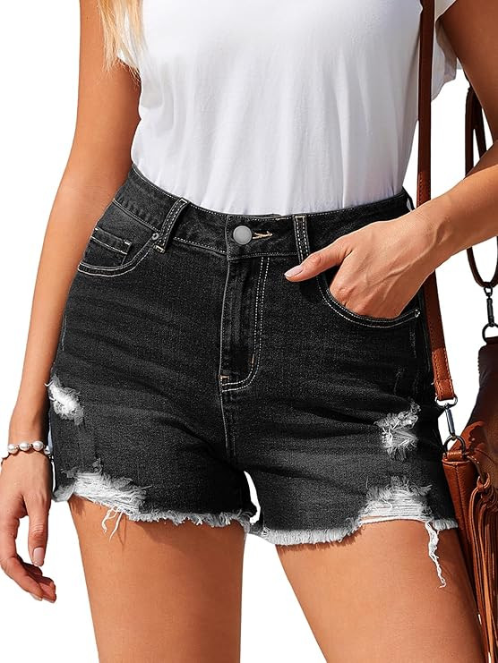 Jean Shorts for Women Casual Mid-Waisted Distressed Stretchy Denim Short Ripped Frayed Hem Summer... | Amazon (US)