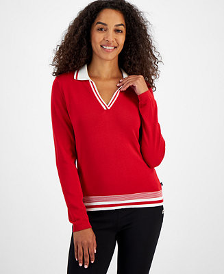 Women's Johnny Collar Long-Sleeve Sweater | Macy's