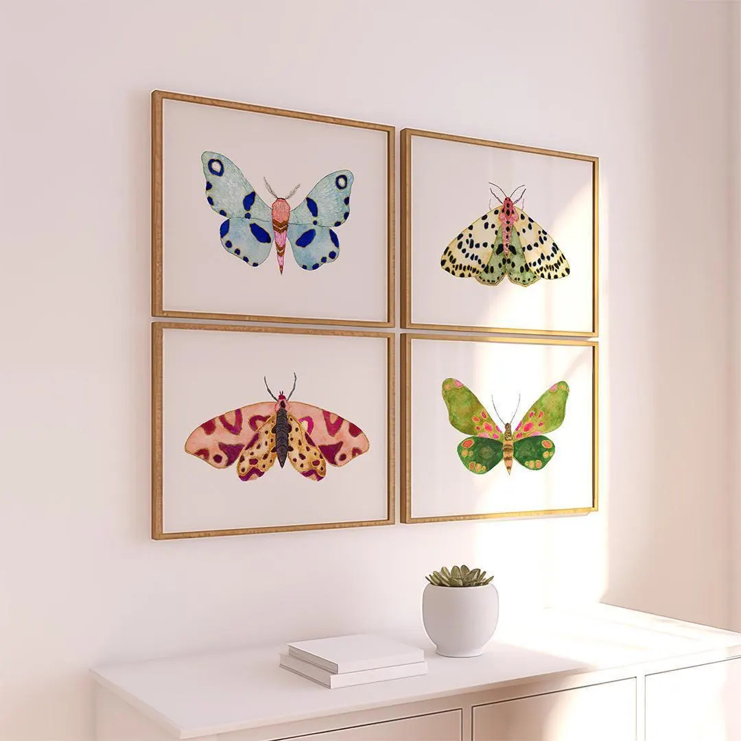 Watercolor Moth Art Set of 4, Colorful Pretty Bug Prints, Green Pink Blue Yellow Moths, Modern Na... | Etsy (US)