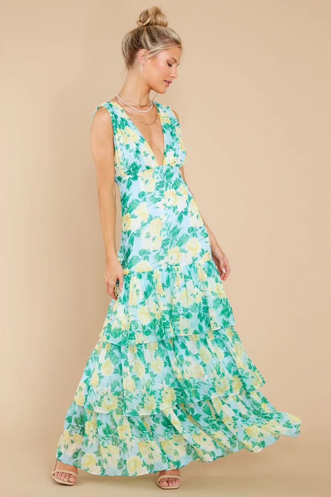 With A Flutter Light Blue And Green Floral Print Dress | Red Dress 