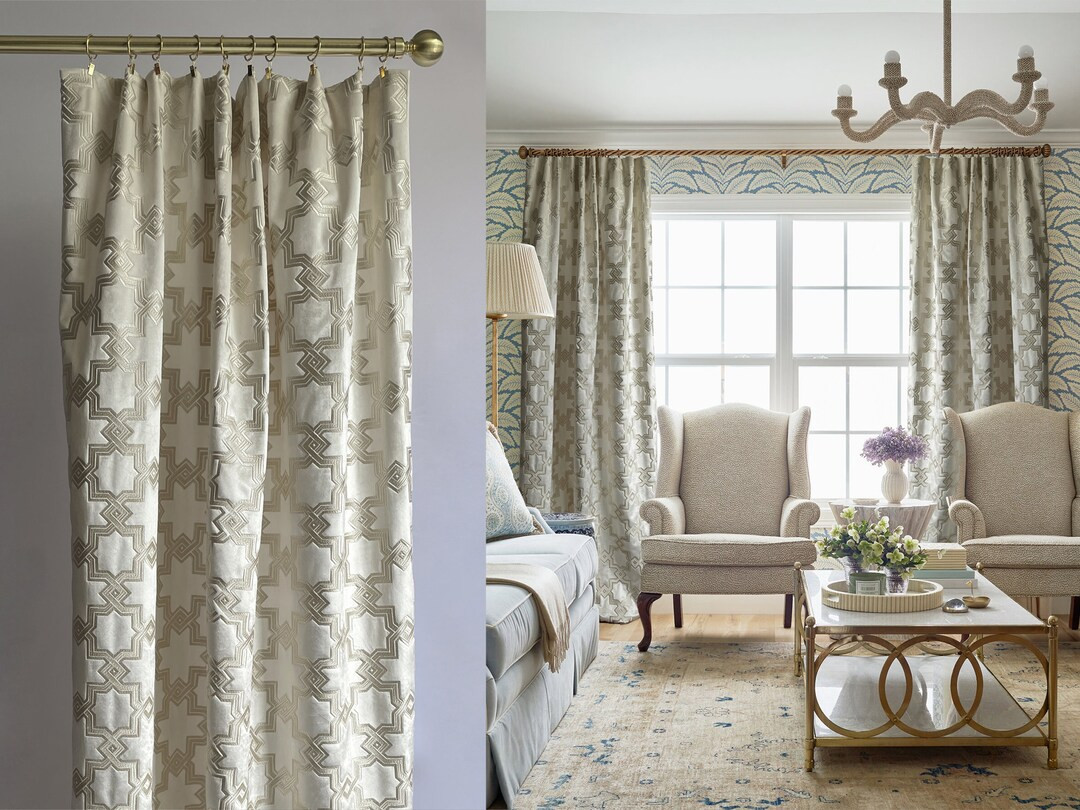 White Velvet Embroidered Curtains Velvet Curtains Beige - Etsy | Etsy (US)