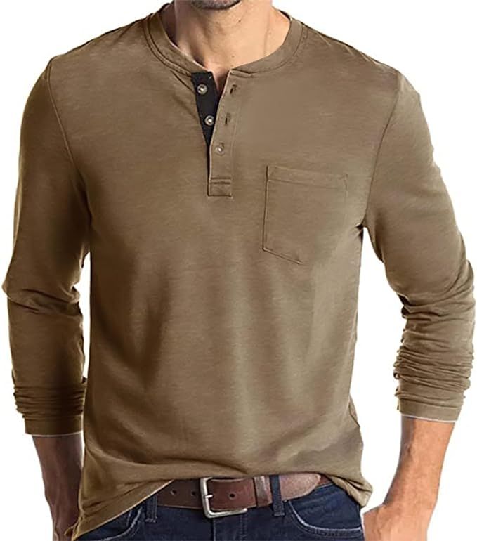 Lexiart Mens Fashion Henley Shirts Long Sleeve Button Cotton T-Shirt with Pocket | Amazon (US)