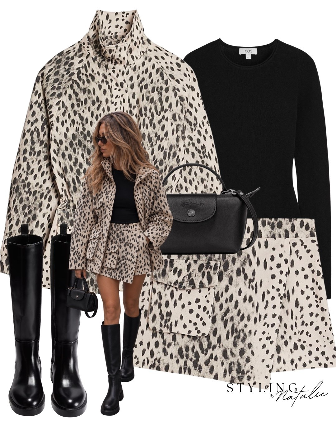 Animal print parka jacket with cinched waist, long sleeve t shirt, animal print skort, knee high flat boots, Longchamp cross body bag. Autumn outfit, fall outfit, co ord set

#LTKautumn #LTKuk #LTKstyletip