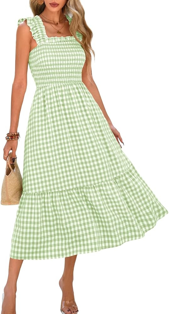 PRETTYGARDEN Women's Summer Dress Casual Square Neck Ruffle Strap Plaid Smocked Midi Dresses Flow... | Amazon (US)