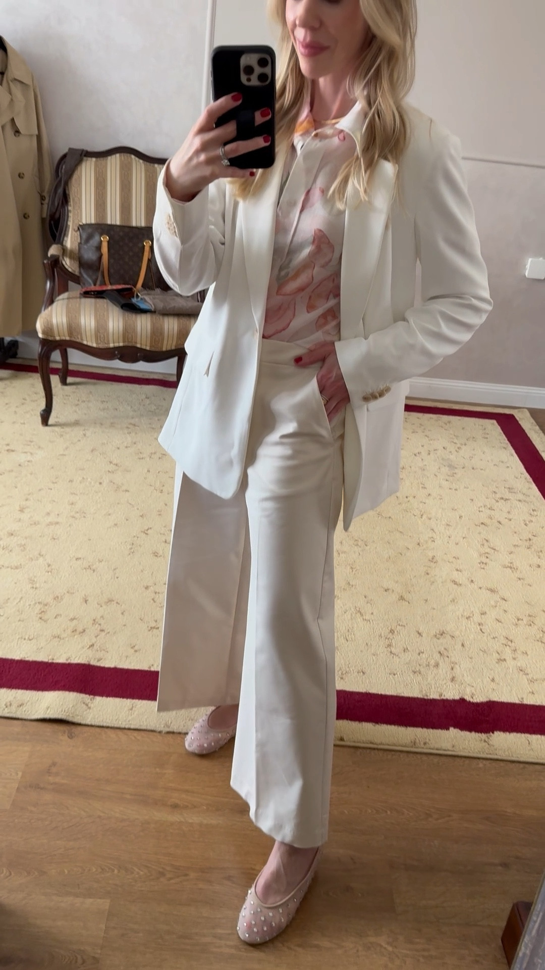 Spring work wear outfit, white blazer, floral print shirt, cropped wide leg pants, rhinestone mesh ballet flats  

#LTKFindsUnder100 #LTKShoeCrush #LTKWorkwear