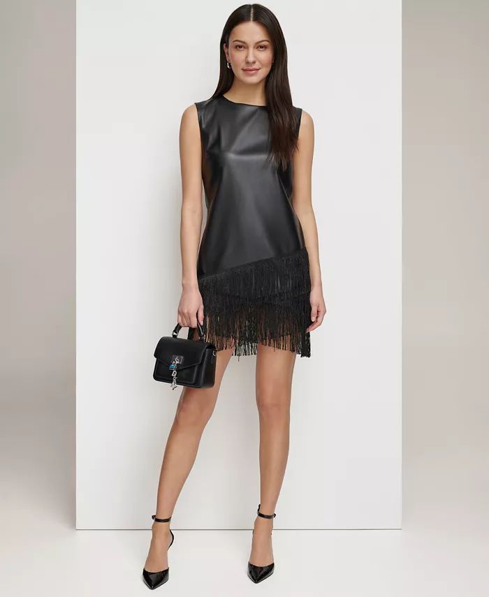 Women's Faux-Leather Fringe-Trim Sleeveless Dress | Macy's