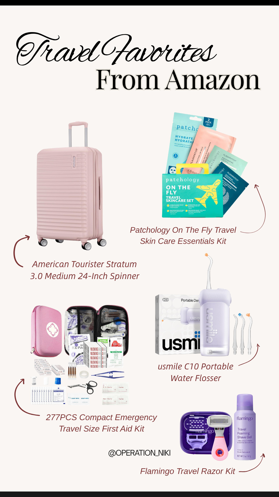 Preparing for your next getaway is all about having smart, reliable essentials that keep you feeling organized and refreshed on the go. ✨

This travel lineup together top Amazon favorites—from sleek pink hardside spinner luggage and hydrating Patchology skincare kits to a compact first aid kit, portable water flosser, and travel razor sets that make packing totally seamless!

Shop all these travel essentials linked below! 🛒

Follow for more @OPERATION_NIKI on IG, TikTok, & Facebook

#AmazonFinds #TravelEssentials #PackingHacks #OperationNiki #AmazonTravel #TravelGadgets #VacationPrep #OrganizedTravel #ShoppingHaul

#LTKselfcare #LTKHome #LTKTravel