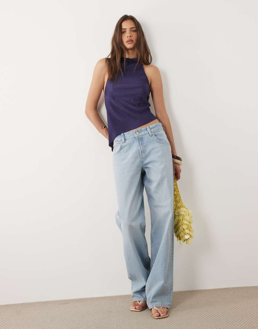 Motel Atsila high neck sleeveless plisse aysmetric top in navy | ASOS (Global)