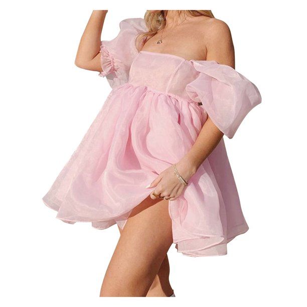 Women Off Shoulder Puff Sleeve Mini Dress Tulle Princess Dress Ruffle Mesh Evening Party Prom Dre... | Walmart (US)
