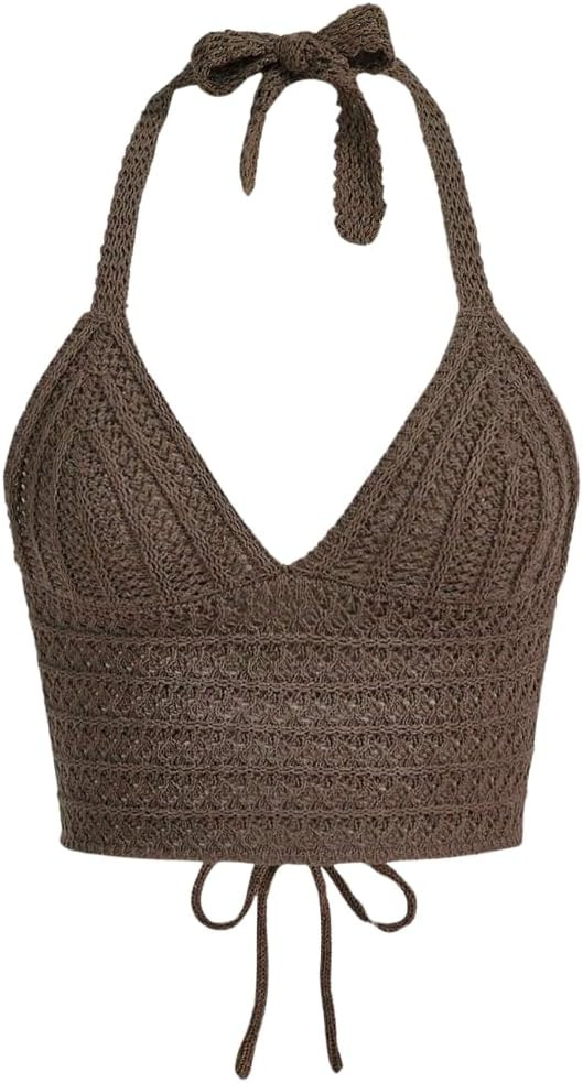 Women Lace Up Backless Crochet Crop Halter Top Y2k Slim Fit Sleeveless V Neck Self Tie Back Knit ... | Amazon (US)