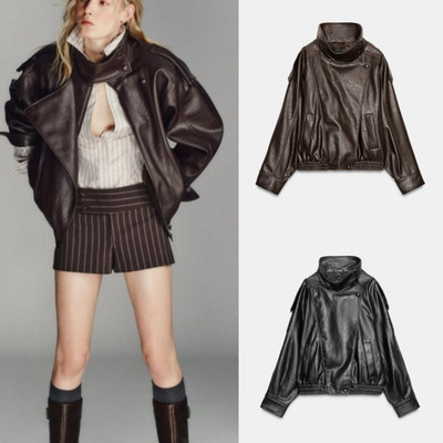 ZARA Womens Faux Leather Jacket Black High Neck Zip Front Side Pockets | eBay US