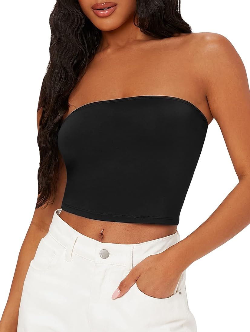 SOLY HUX Women's Solid Strapless Sleeveless Slim Fit Bandeau Tube Crop Top | Amazon (US)