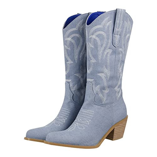richealnini Canvas Cowgirl Cowboy Boots for Women Pull-On Mid Calf Boots Tab Stacked Embroidered Block Chunky Heeled Western Country Riding Motorcycle Combat Outdoor Leisure Shoes Light Blue Size 9.5 | Amazon (US)