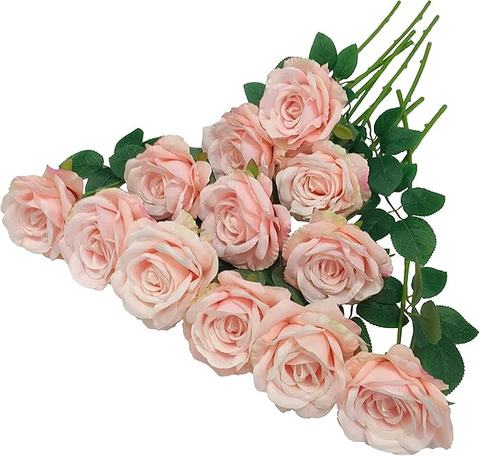 ATFL Blush Flowers,12 Pcs Blush Pink Roses,Light Pink Artificial,Flower Diameter 4'',Artificial R... | Amazon (US)