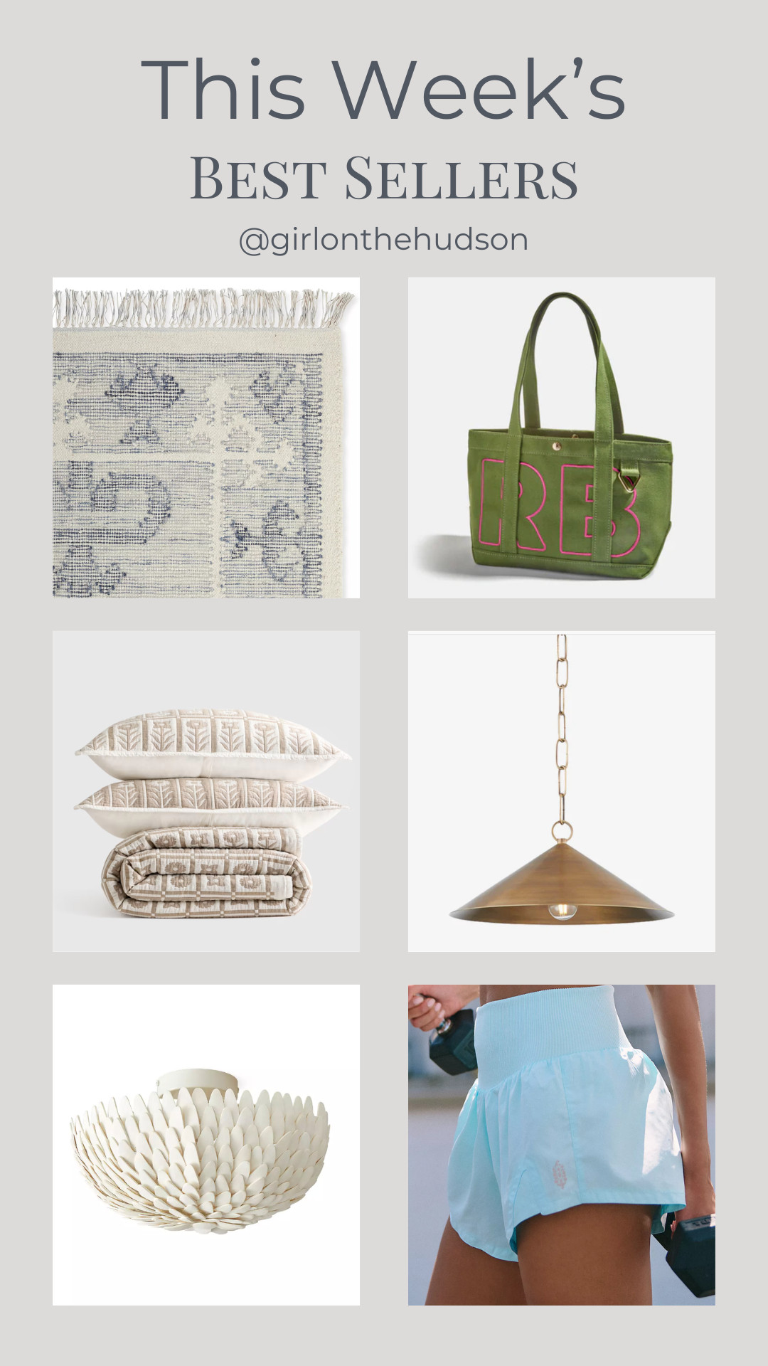 This week's best sellers: The athletic shorts that I own in 5 colors, the prettiest flushmount light that I used in a nursery, bedding that can transition to fall, the coolest kitchen pendant light, one of my favorite rugs and the Baublebar personalized tote that's still on sale!!  

 #LTKootd #LTKHome #LTKSaleAlert