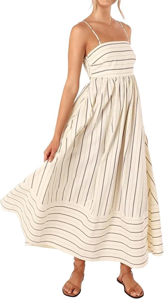Femfady Women Summer Maxi Spaghetti Strap Back Smocked Striped Flowy Swing Cutout Beach Vacation ... | Amazon (CA)