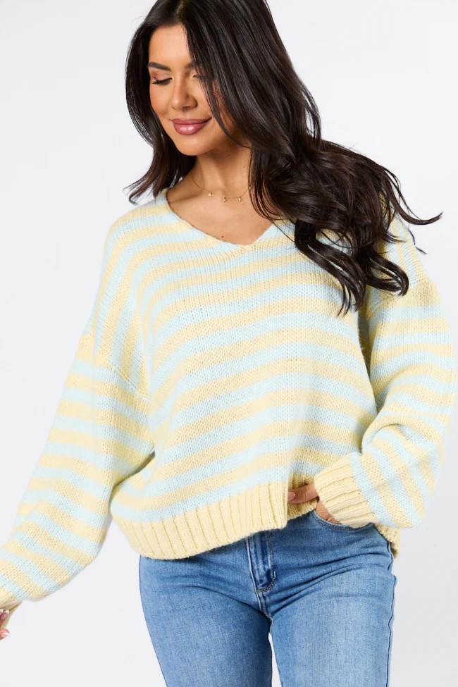 Wait A Minute Yellow and Blue Multi Striped V-Neck Sweater | Pink Lily