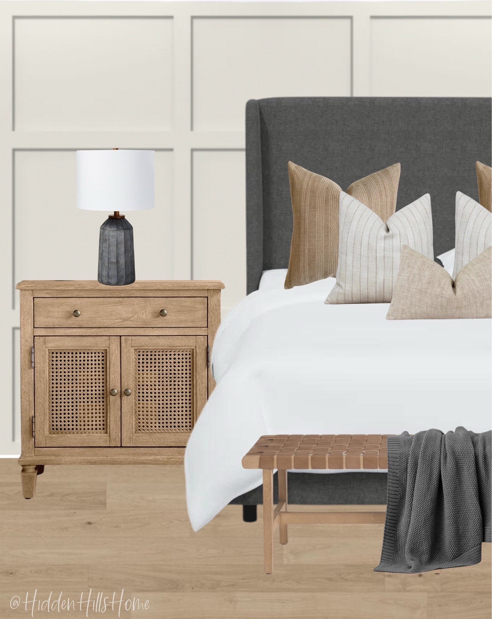 Bedroom decor mood board, bedroom design ideas, master bedroom inspiration, home design, Tilly bed, nightstands #bedroom