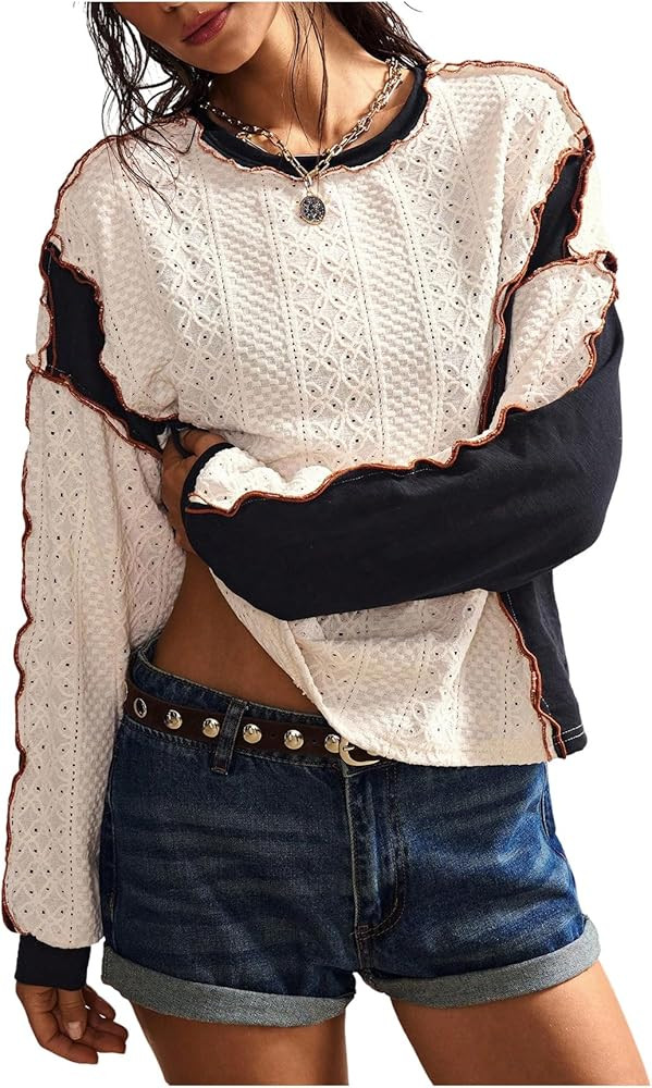 Women's Eyelet Embroidery Tee Shirt Patchwork Crew Neck Long Sleeve Oversized Shirts Streetwear | Amazon (US)