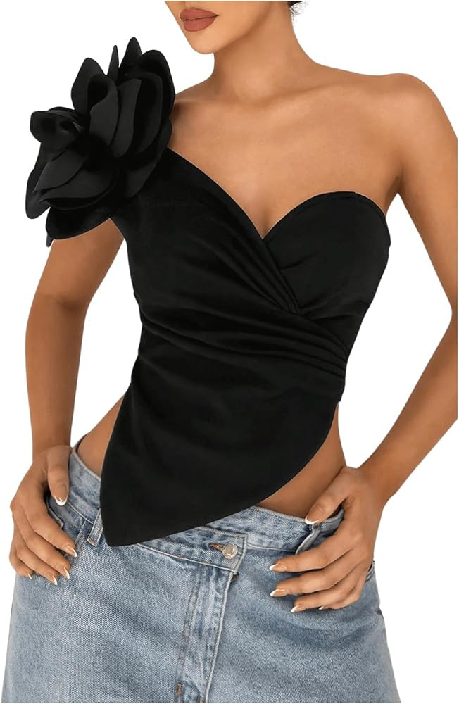 OYOANGLE Women's 3D Floral One Shoulder Tank Top Wrap V Neck Ruched Party Clubwear Crop Tops | Amazon (US)