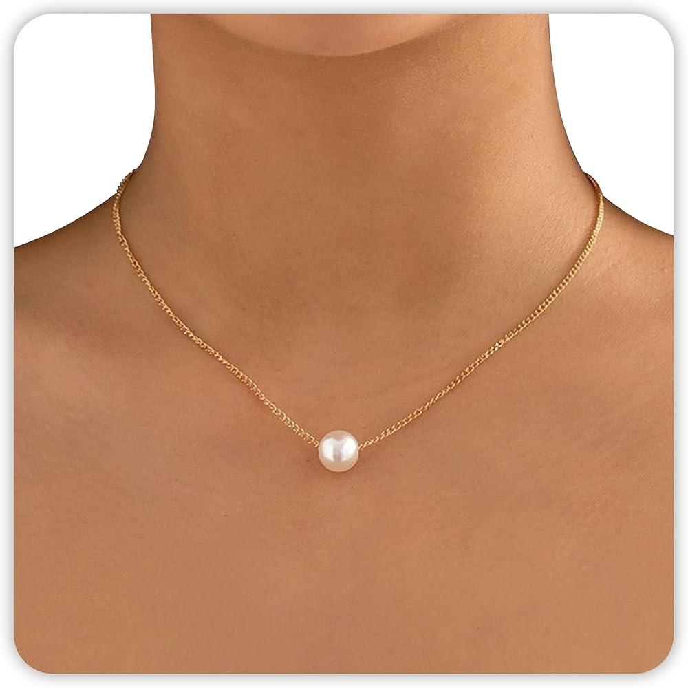 Pearl Necklaces for Women as Valentines Gifts for Her, Gold Pearl Choker Single Pendant Necklace ... | Amazon (US)