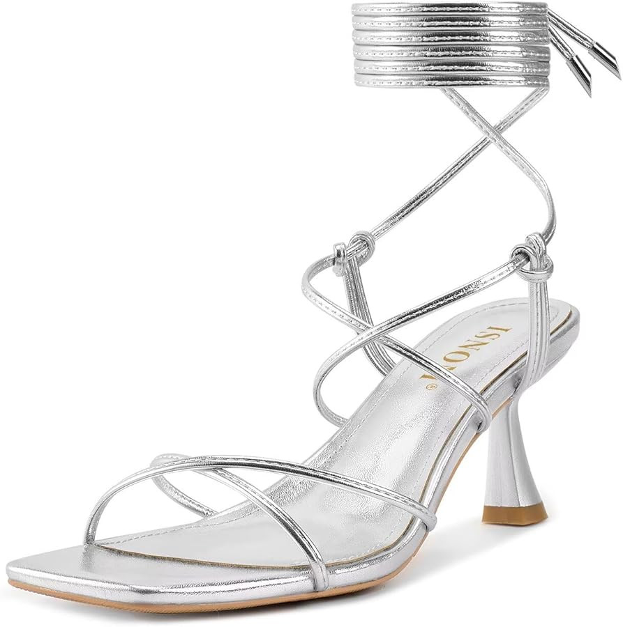 ISNOM Strappy Sandals for Women Kitten Heels Lace Up Heels Stiletto Heels Wrap Around Heels with ... | Amazon (US)