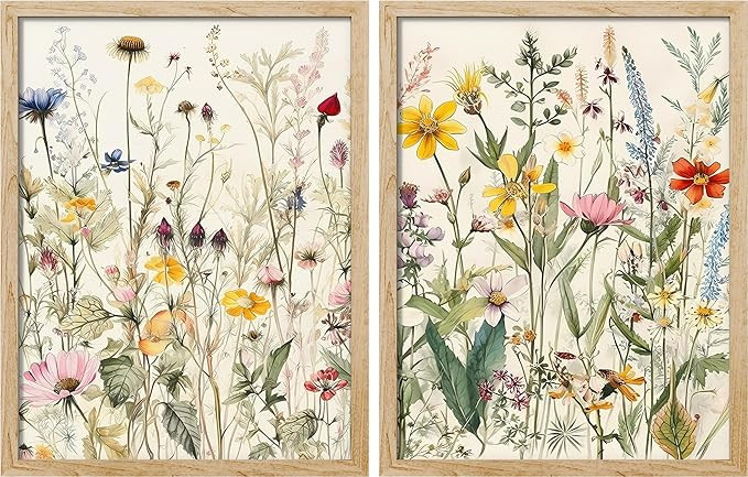 SIGNWIN Framed Watercolor Wildflowers Wall Art, Set of 2 Boho Wall Decor Prints, Modern Colorful ... | Amazon (US)
