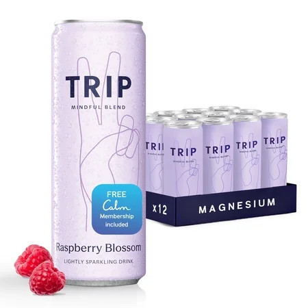 TRIP Sparkling Magnesium Drink, Raspberry Blossom Flavor, 12 oz, 12 Pack, Adaptogen Drink With Ashwagandha and Lions Mane | Walmart (US)
