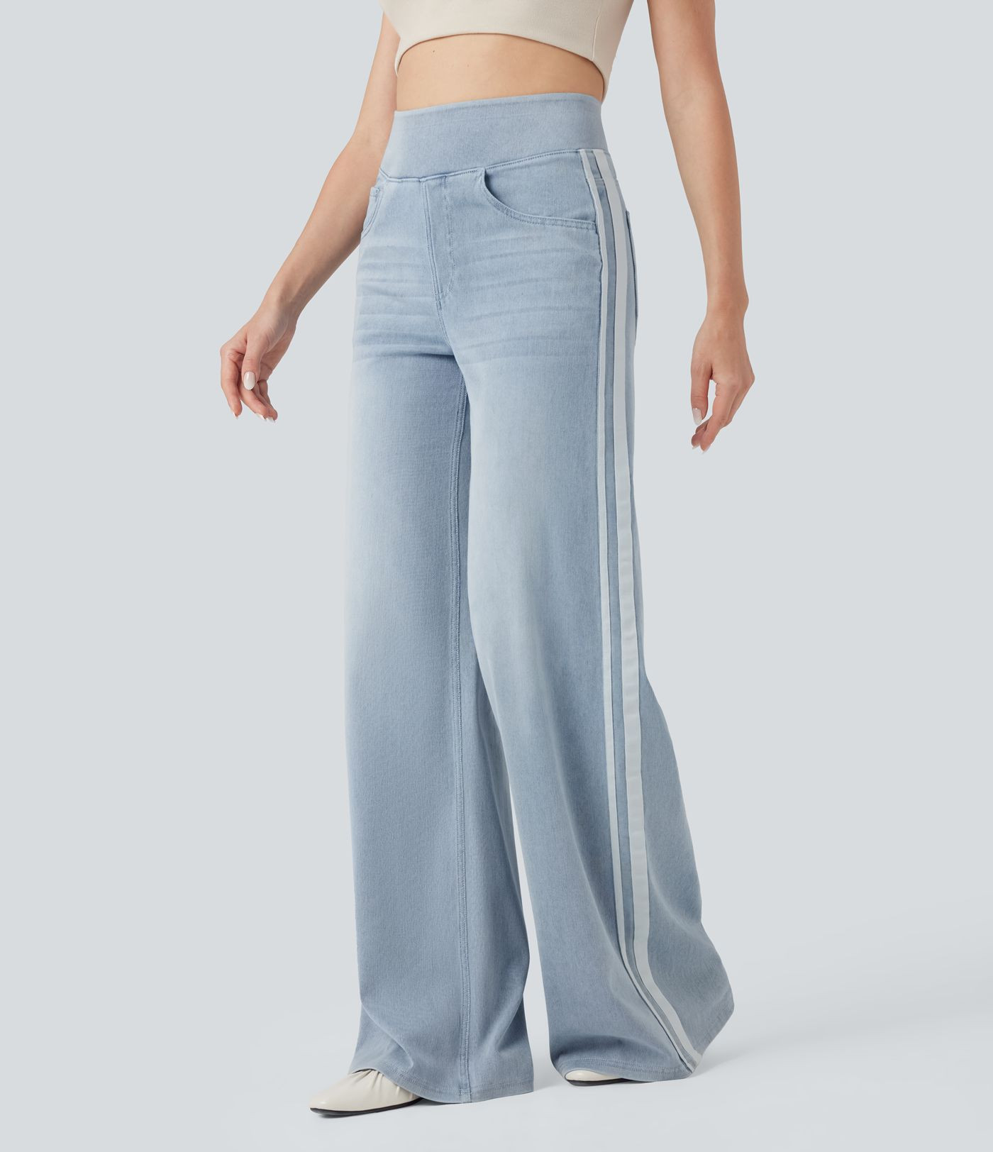 Women’s Halara Flex™ High Waisted Stripe Wide Leg Flowy Washed Casual Jeans with Pockets - Ha... | HALARA
