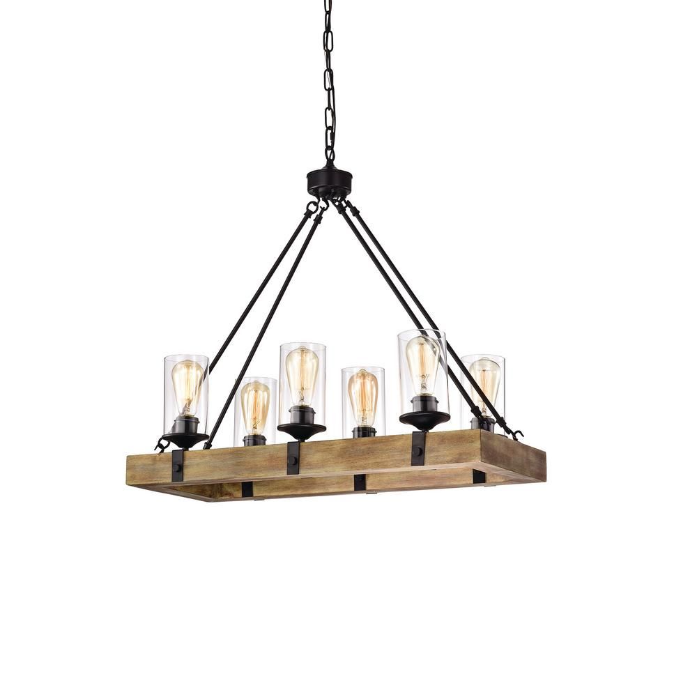 Edvivi 6 Light Matte Black and Vintage Wood Farmhouse Linear Chandelier with Clear Glass-EPD582WD... | The Home Depot