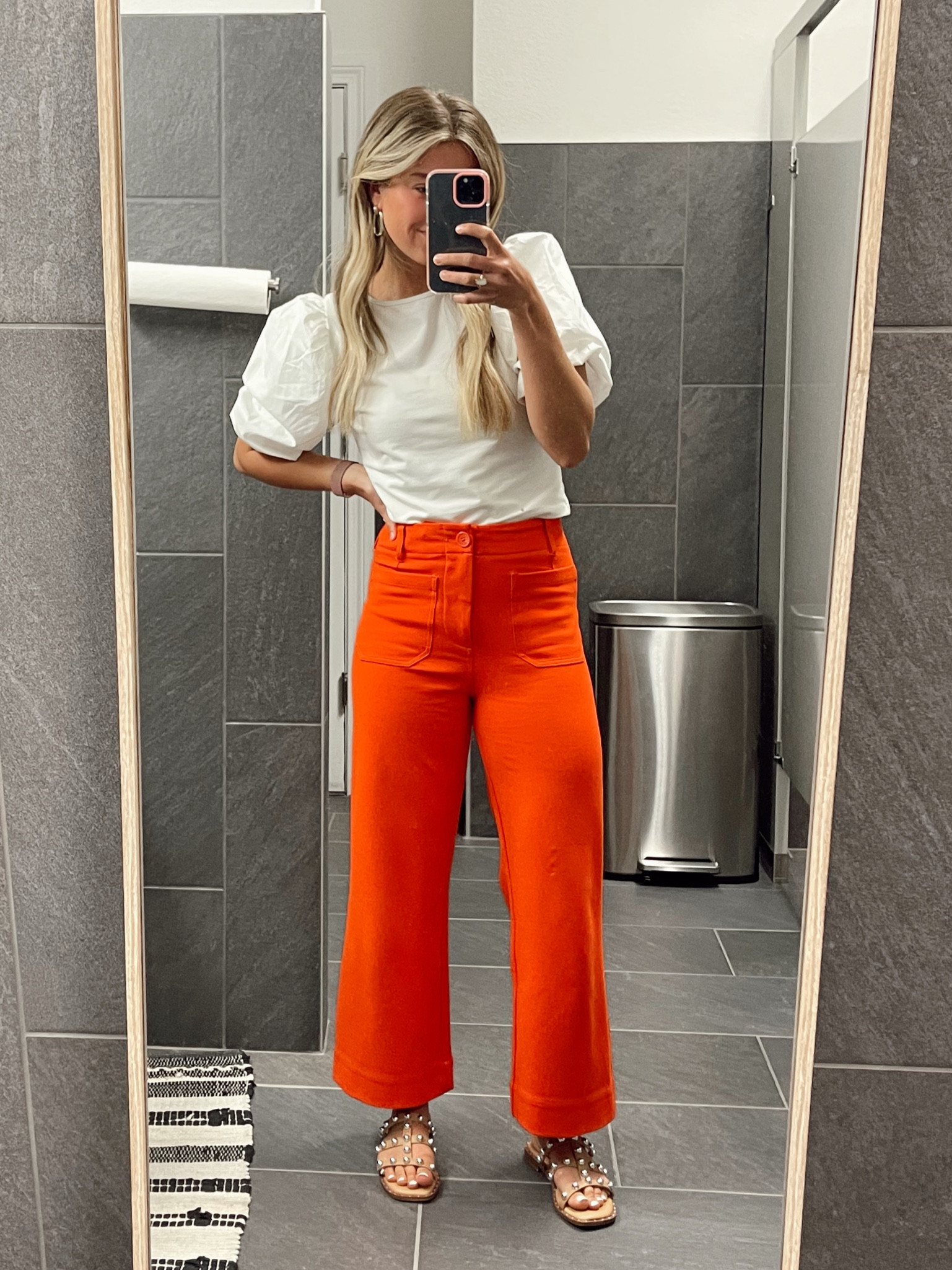 orange wide leg pants | white puff sleeve | white top | spring outfit | studded sandals | summer work outfit | summer office outfit | wide leg trousers 

*exact shoes are sincerely jules ventura sandal*

#LTKfindsunder50 #LTKstyletip #LTKworkwear